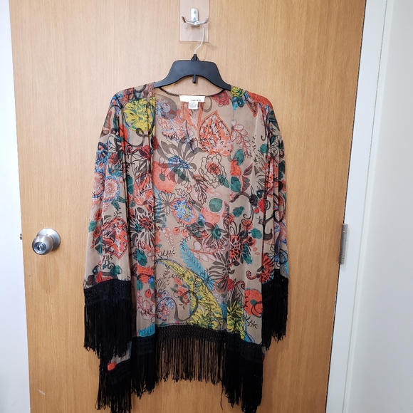 Sans Souci, tan orange green blue black kimono fringe cardigan, large - Picture 13 of 15